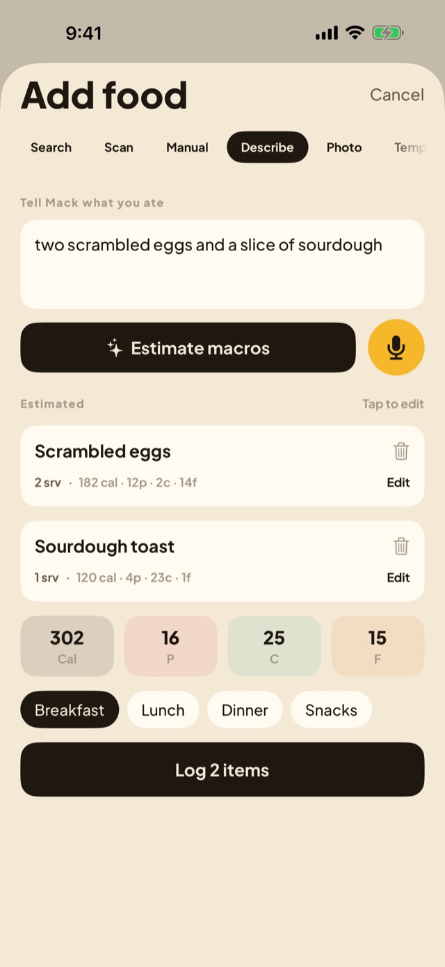 Mackro's Add food screen: a meal described in plain English and the macros Mack estimates