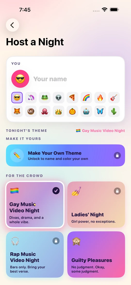 The theme picker showing theme cards grouped under For the Crowd, with a padlock on the themes that need unlocking.