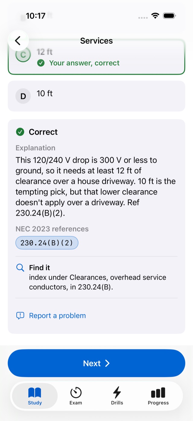 Practice question with the explanation, the code section it cites and a Find it hint
