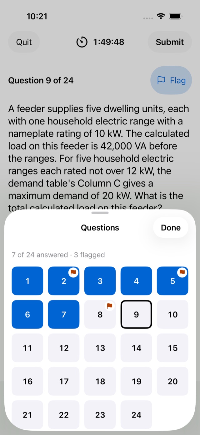 Timed practice exam with a question navigator